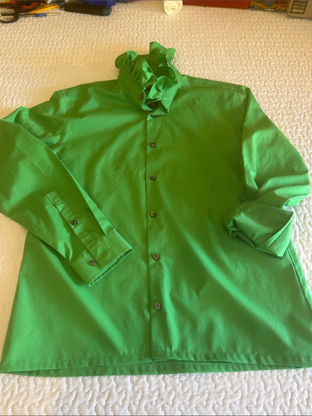 Women's Upcycled men’s Green Ruffle Collar Button-Down slim fit Shirt